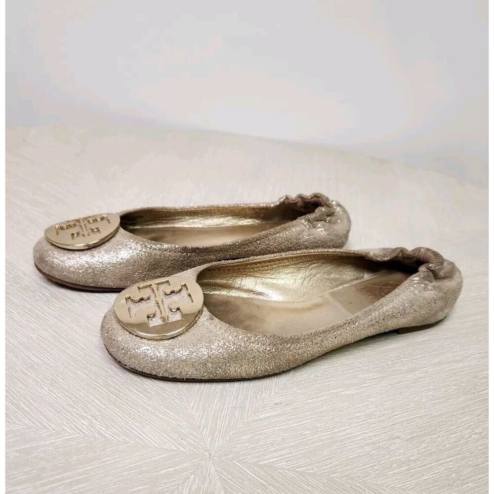TORY BURCH 'Minnie' Travel Ballet Flat Royal Mettalic Gold Glitter Logo Sz 6M - Picture 3 of 9